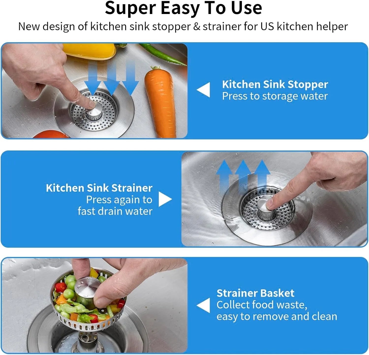 3-in-1 Stainless Steel Sink Drain Strainer